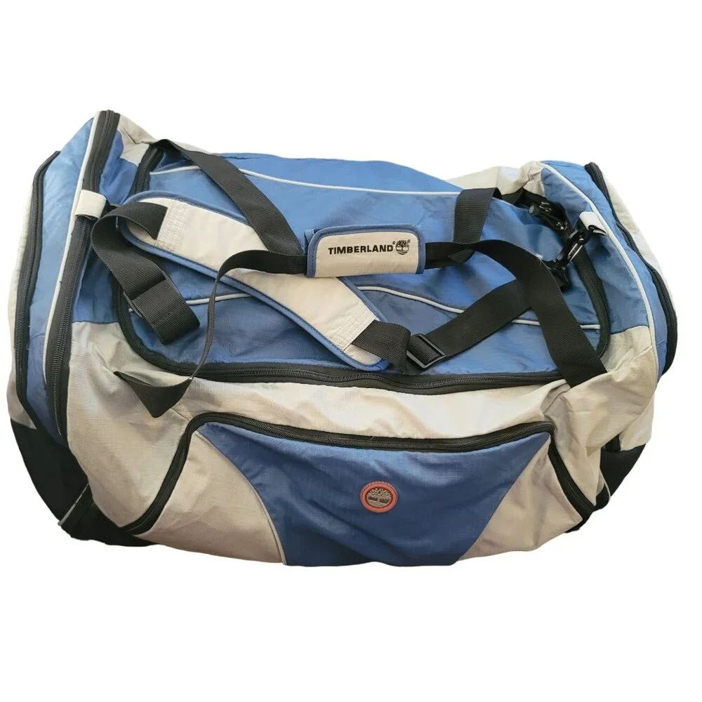 Timberland Large Blue & Grey Duffel Bag With Multiple Compartments Straps jj3643